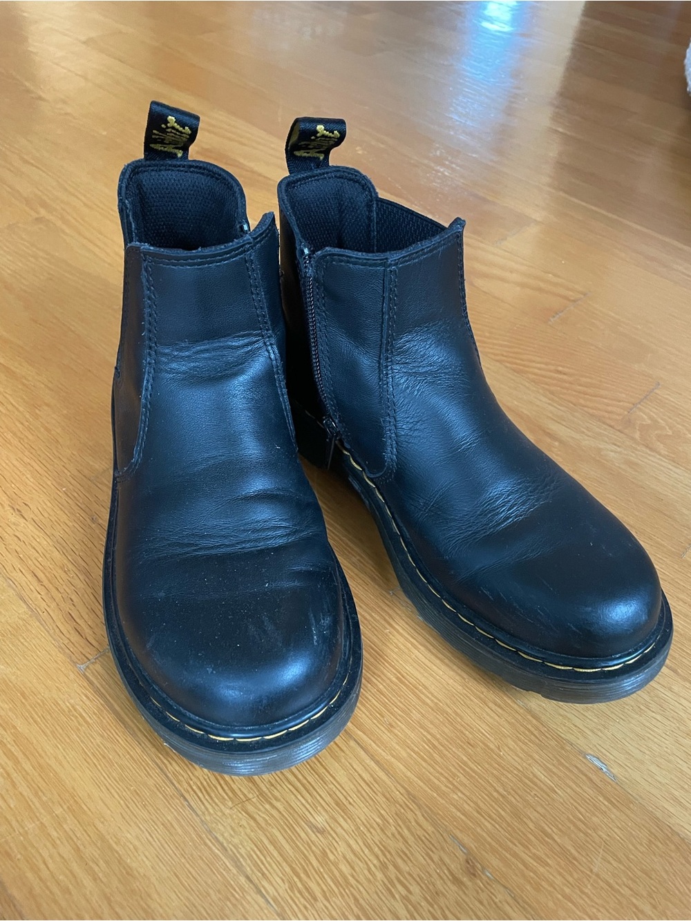 Dr. Martens Black Leather Zipper Chelsea Boots with Yellow Stitching
